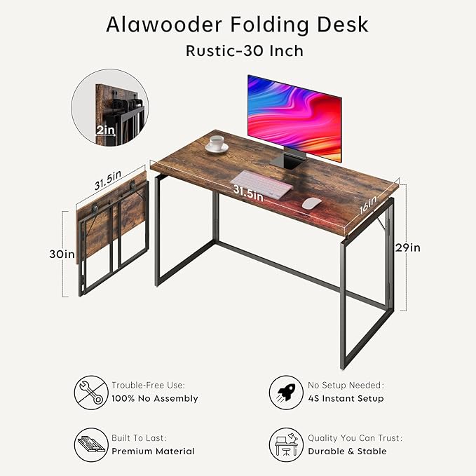 alawooder Folding Desk - 31.5" Wood Top Foldable Desk for Small Spaces | No Assembly Required Compact Desk for Home Office, Writing, and Study