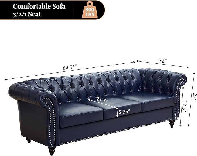 LEVNARY Chesterfield Sofa, 3 Seater Tufted Couch for Living Room, Classic Button Tufted Upholstered Sofa, Modern Mid-Century PU Leather Sofa (Blue)