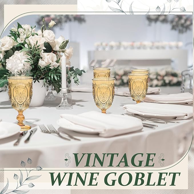24 Pcs Plastic Goblets 7.5oz Vintage Goblet Plastic Wine Glasses Colored Retro Embossed Water Goblets for Wine Bar Juice Baby Shower Wedding Reception Grand Event Party (Amber)