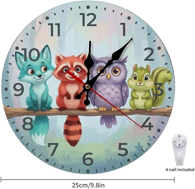 Cute Woodland Animals Wooden Wall Clock Silent Non-Ticking Quartz Battery Operated for Kids Bedroom, Nursery Room Decor, Playroom & Office Gift (10/12 Inch)