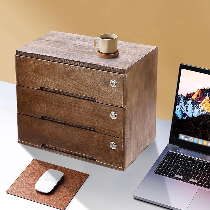Desktop File Organizer with Lock, 2/3/4 Tier Multi-Drawer Wooden Storage Cabinet, Office Supply Organizer for Home Desk, Study & Workplace (Walnut, 3 Layers)