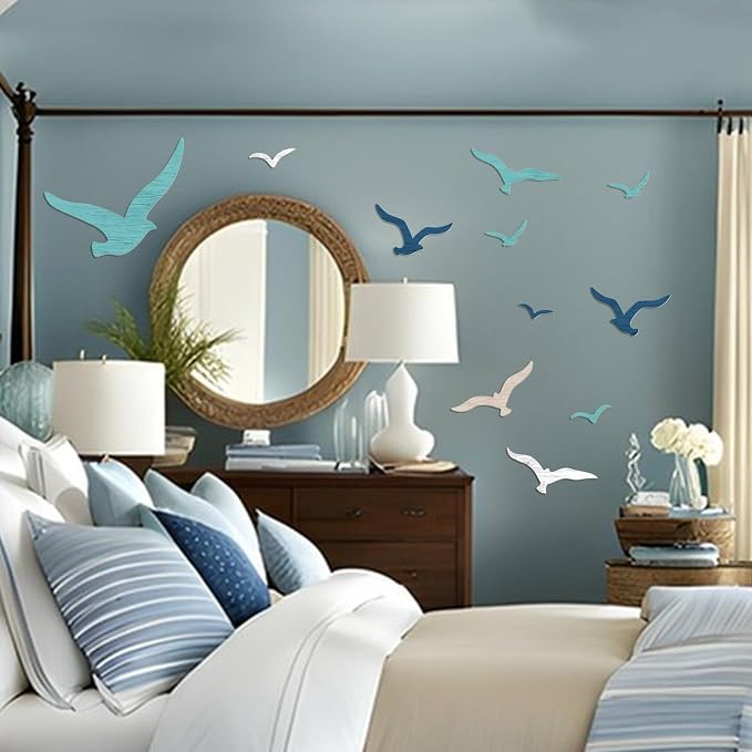 Zzbakress 11 Pcs Wooden Seagull Wall Decor Nautical Coastal Beach Wall Art Vintage Ornaments Unique Sea Birds Wall Sculpture for Home Bathroom Living Room Bedroom (Minimalist)