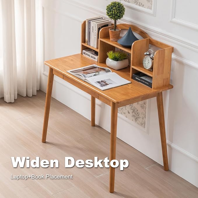 Solid Wood Desk with Drawers, Wooden Computer Desk for Home Office, Gaming Study Desk for Small Spaces, Writing Work Desk for Bedroom,Easy Assembly (Teak Color 40 inch)