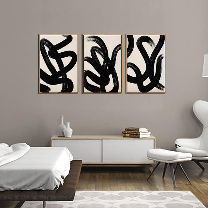 arteWOODS Framed Wall Art Canvas Abstract Lines Pictures Modern Mid Century Boho Wall Decor Minimalist Abstract Black Stroke Lines Painting Artwork Living Room Bedroom Home Office Natural 16"x24"x3pc