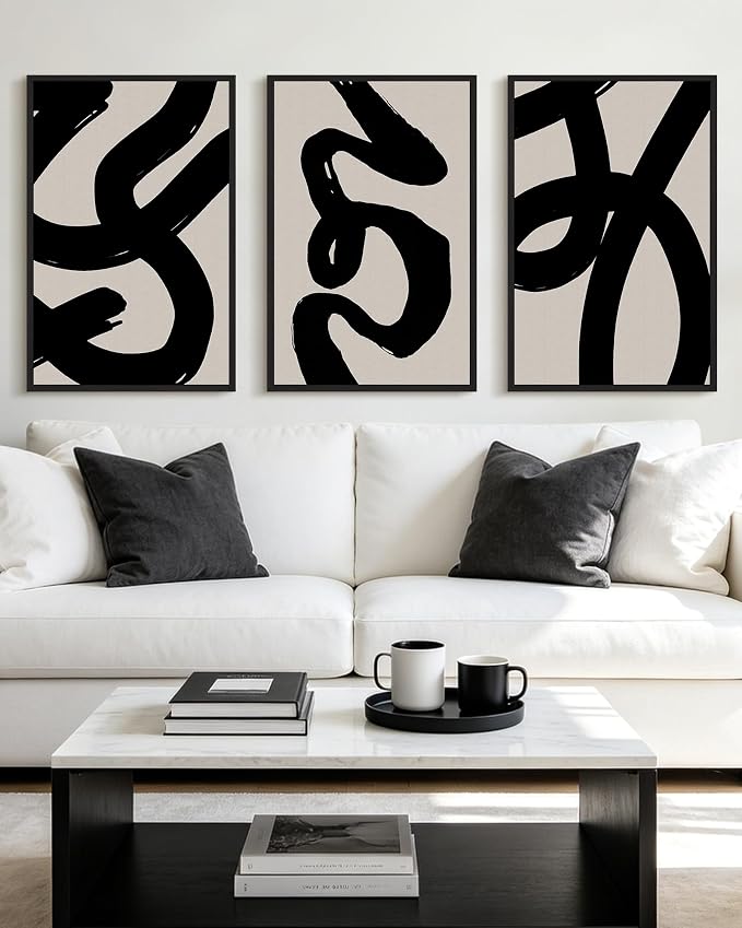 KUVIOKE Black Abstract Framed Wall Art Ink Wash Minimalist Lines Canvas Painting Artwork for Bedroom Hallway 24x36in (Black Framed)