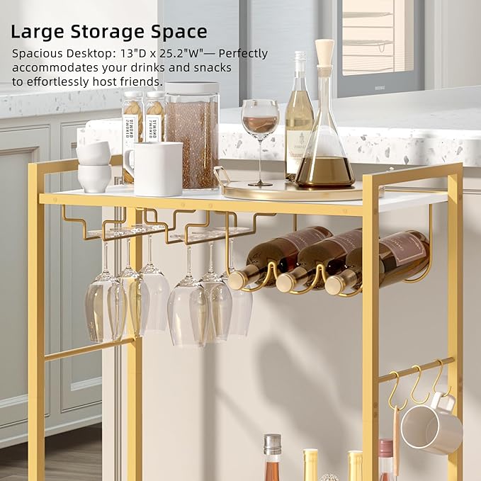 Bar Cart, Home Bar Serving Cart with 2-Tier Shelf,Rolling Beverage Cart with Wheels,Mobile Kitchen Shelf,Modern Wine Drink Cart with Wine Rack and Glass Holder for Kitchen,Dinning Room,Gold