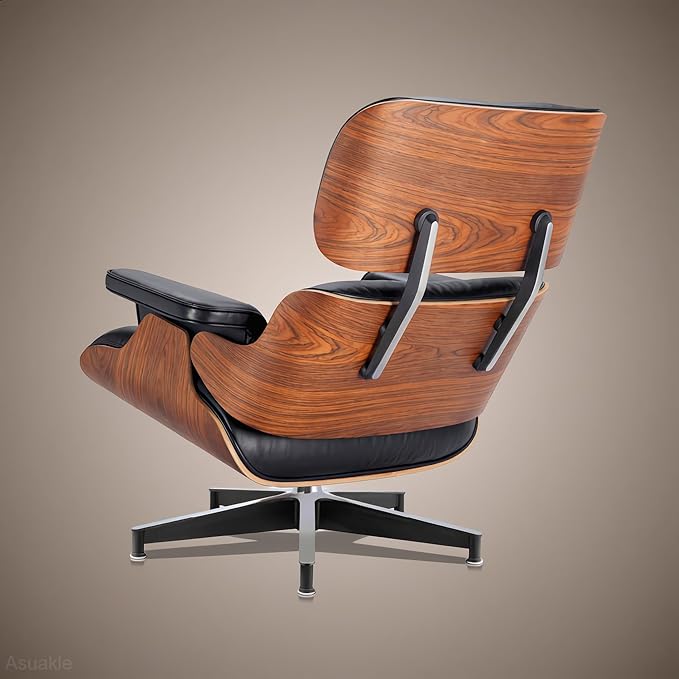 Top Black Grain Leather, Mid Century Chaise Lounge Chair and Ottoman, Leather Accent Chair, Modern Reading Chair, Classic Design, Heavy Duty Base Support for Living Room Lounge Office, Palisander