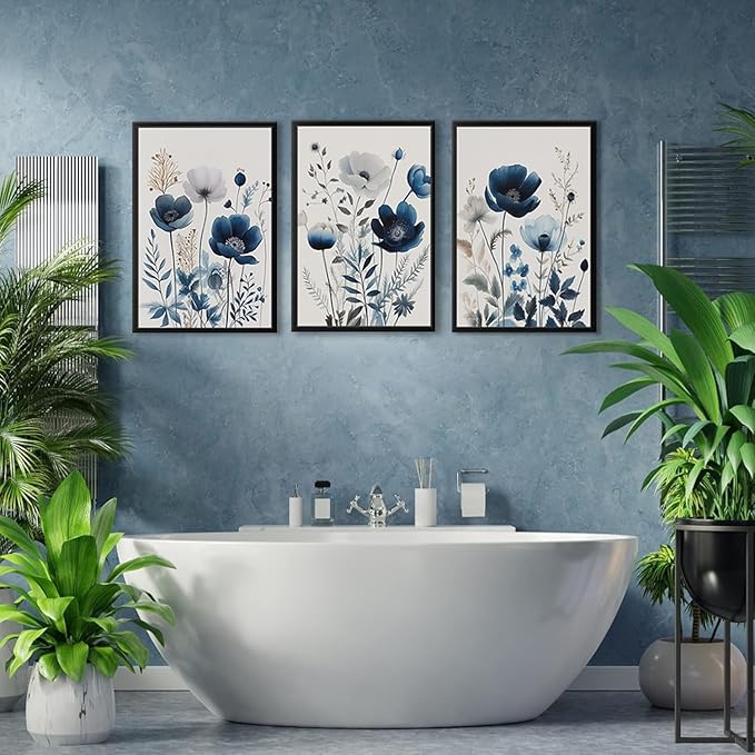 BingruiArt Navy Blue Wall Art Canvas Abstract Floral Painting Blue and Gray Posters Watercolor Flower Decor Wildflower Pictures Botanical Prints for Living Room Bedroom Bathroom 3 Pcs 16"x24" Black Framed