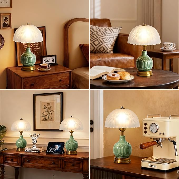 Ceramic Table lamp, Modern Bedside Lamps Green Mid Century Vintage Desk Lamp Retro Glass Mushroom Traditional Lamp for Nightstand Living Room Bedroom Home Decor (S03GN-1PACK)