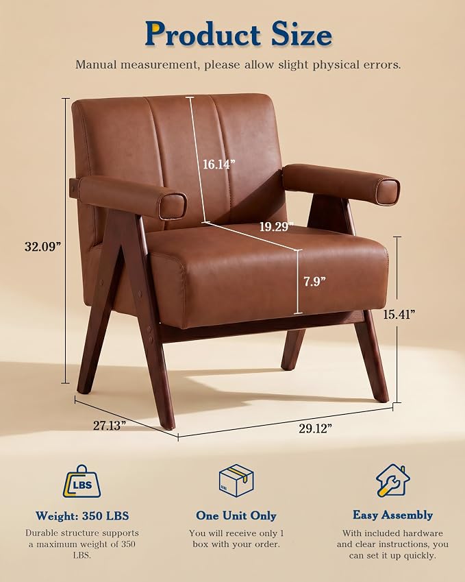 AODAILIHB Mid Century Modern Accent Chair, Solid Wood Frame Brown Leather Armchair, Modern Reading & Living Room Chair for Office Guest & Waiting Room
