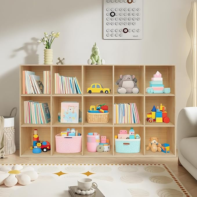 15-Cube Storage Organizer Solid Wood Cube Shelf with Deep Compartments, 220 lbs Capacity Wooden Cubby Bookcase for Living Room, Office, Dorm (15 Cube)