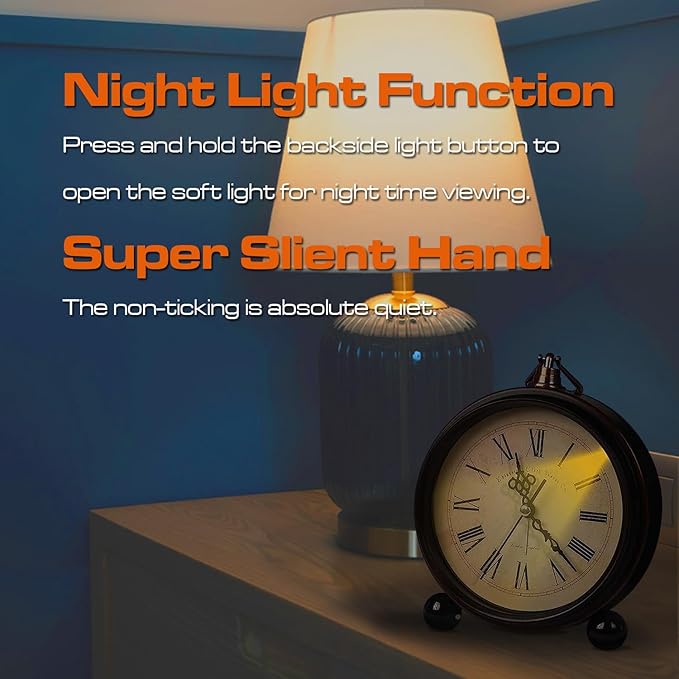Vintage Analog Alarm Clock, 5.25 inch Small Silent Desk Clock with Night Light, Battery Operated for Table, Bedroom, Bedside, Living Room, Gift Clock (Classic2046)