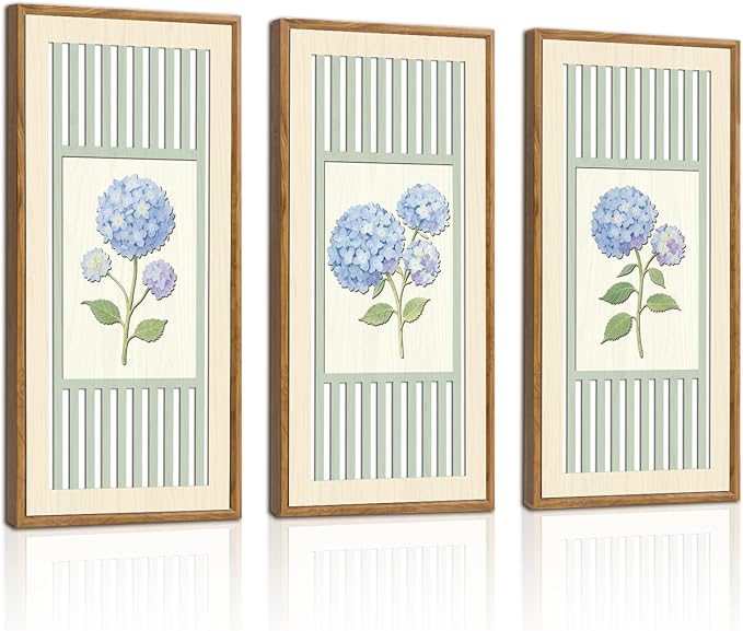 IARTTOP Vintage Blue Hydrangea Wall Art Set of 3 Watercolor Flower Botanical Artwork Blue Floral Wood Wall Decor Farmhouse Minimalist Botanical Decor for Living Room Bedroom Framed 8 x16 Inch