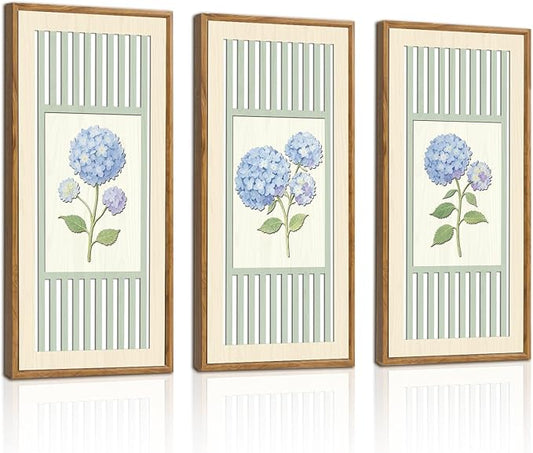 IARTTOP Vintage Blue Hydrangea Wall Art Set of 3 Watercolor Flower Botanical Artwork Blue Floral Wood Wall Decor Farmhouse Minimalist Botanical Decor for Living Room Bedroom Framed 8 x16 Inch