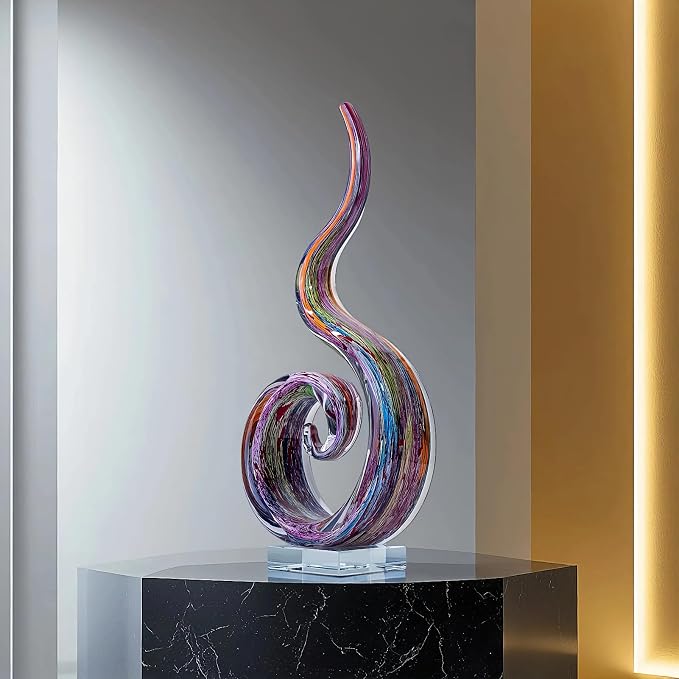 Hand Blown Murano Style Glass Sculpture, 14" Single Spiral Flame Abstract Art Figurine Collectible, Modern Home Decor for Living Room Office Aquarium, Unique Gift for Art Lovers