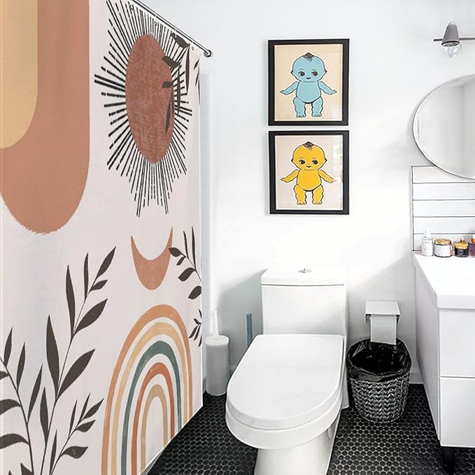 Mid Century Abstract Boho Shower Curtain Orange Vintage Aesthetic Nature Leaf Sun Modern Washable Waterproof Fabric for Bathroom Decor Bathtub with 12 Hooks 66x72in（168x183cm）