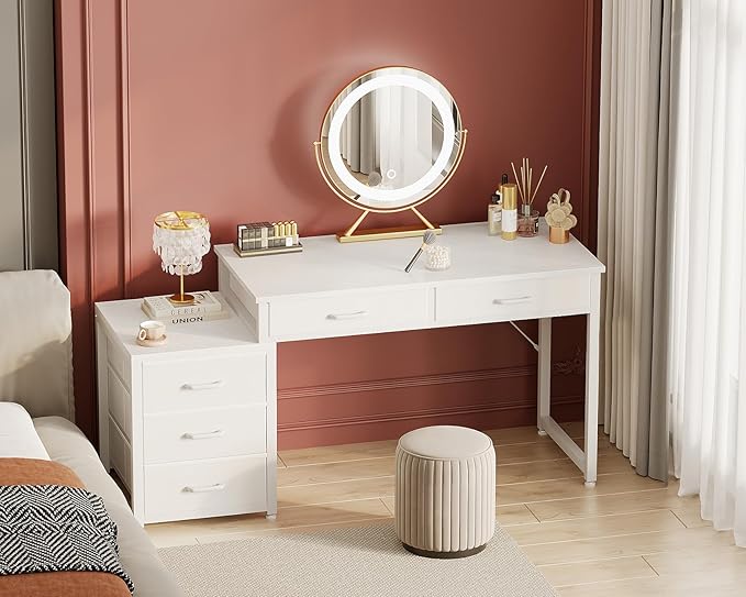 ODK Computer Desk with 5 Drawers, 53 Inch Office Desk with Printer Shelf, Reversible Vanity Desk for Home Bedroom, Writing Table Desk for Storage, White