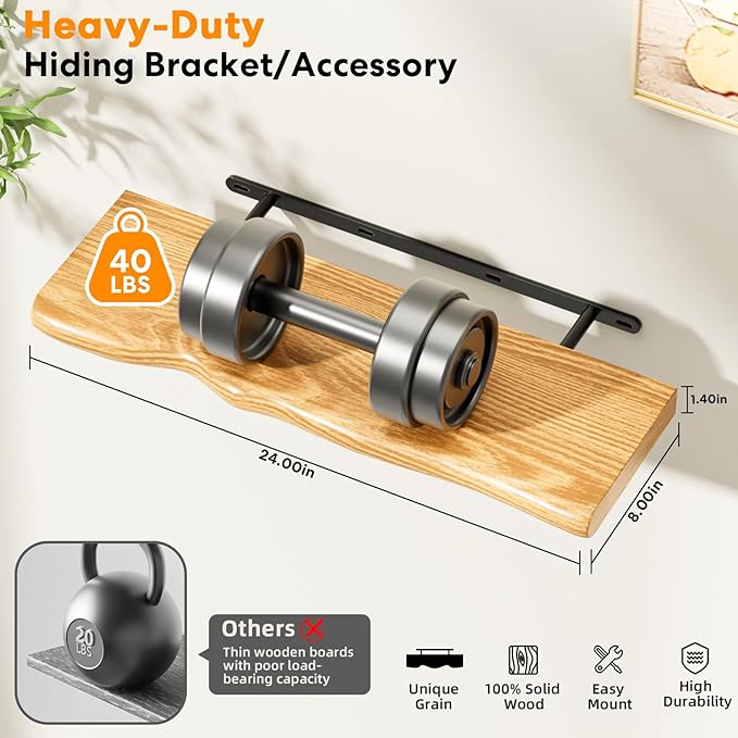 Floating Shelves for Wall 24 Inch Wooden Floating Shelves Live Edge Shelf with Unique Natural Grain Wall Mounted Rustic Pine Wood Shelf for Living Room Bedroom Kitchen Bathroom (Natural)