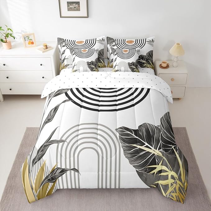 Erosebridal Modern Boho Bedding Set King Grey White Aesthetic Comforter Set 7 Piece Abstract Mid Century Bed in A Bag for Adults Simple Tropical Palm Leaf Quilt with Flat Fitted Sheet