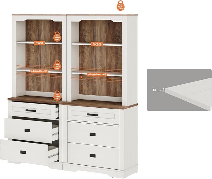 WAMPAT 2 Column 73.3" Tall Bookcase with Chest of Drawers, 63 inch Wide Standing Rustic Bookshelves, Modern Farmhouse Display Storage Cabinet with Adjustable Shelves,Antique White