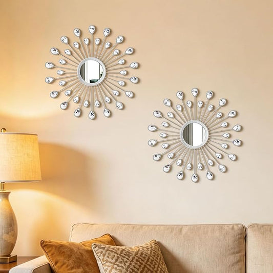 2 Pack Metal Mirrors for Wall Boho Sunburst Wall Mirror Home Decor Modern Decorative Wall Art for Bedroom Living Room Entryway