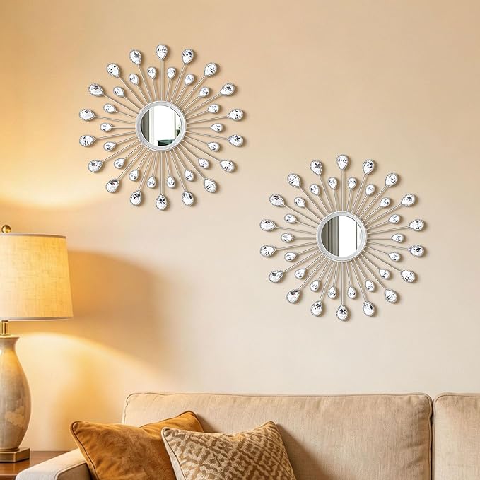 2 Pack Metal Mirrors for Wall Boho Sunburst Wall Mirror Home Decor Modern Decorative Wall Art for Bedroom Living Room Entryway