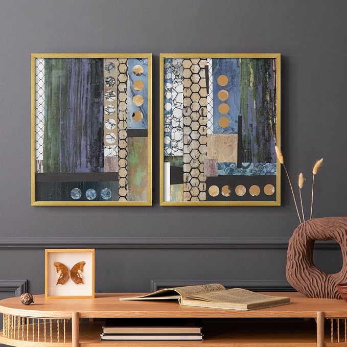 Renditions Gallery Set of 2 Peel & Stick Framed Prints, Geometric Abstract Wall Art, Hexagonal and Circular Pattern Wall Decor, Re-Stickable - Ready to Hang - 8"x10" - GOLD Frame LT588