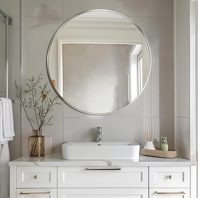Sunniry Silver Round Mirror 30 inch, Round Bathroom Mirror, Silver Circle Mirrors with Brushed Aluminum Frame, Circle Wall Mirrors for Bathroom, Living Room, Hallway, Bedroom.