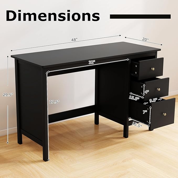 Tangkula Black Desk with Drawers, Modern Home Office Computer Desk with Storage Drawers & Spacious Desktop, Compact Writing Study Desk Laptop Desk for Bedroom, Multipurpose Computer Workstation