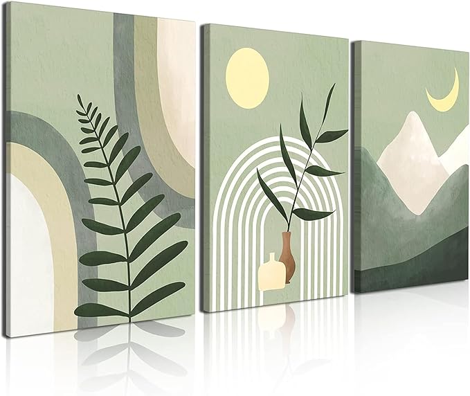 Gisipameis Boho Wall Art Set of 3, Mid-Century Modern Decor 12"x16" Framed Canvas Print Minimalist Botanical Geometric Abstract Neutral Room for Bathroom, Bedroom