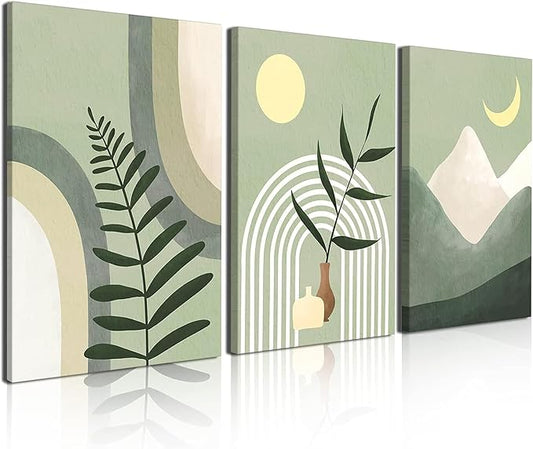 Gisipameis Boho Wall Art Set of 3, Mid-Century Modern Decor 12"x16" Framed Canvas Print Minimalist Botanical Geometric Abstract Neutral Room for Bathroom, Bedroom