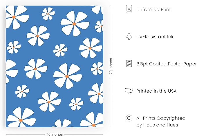 HAUS AND HUES Daisy Flower Painting - Blue Flower Art Posters for Room Aesthetic, Floral Prints (Unframed, 16x20)