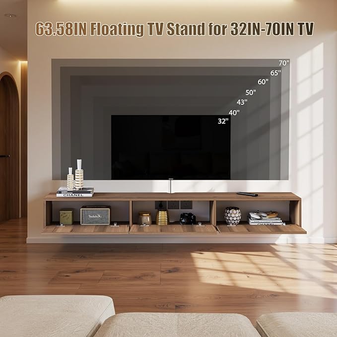 Solid Wood Floating TV Shelf, 63'' Wall Mounted TV Cabinet, Floating Shelves with 3 Doors, Wooden Mid-Century Entertainment Media Console Center Large Storage Under TV (Walnut)