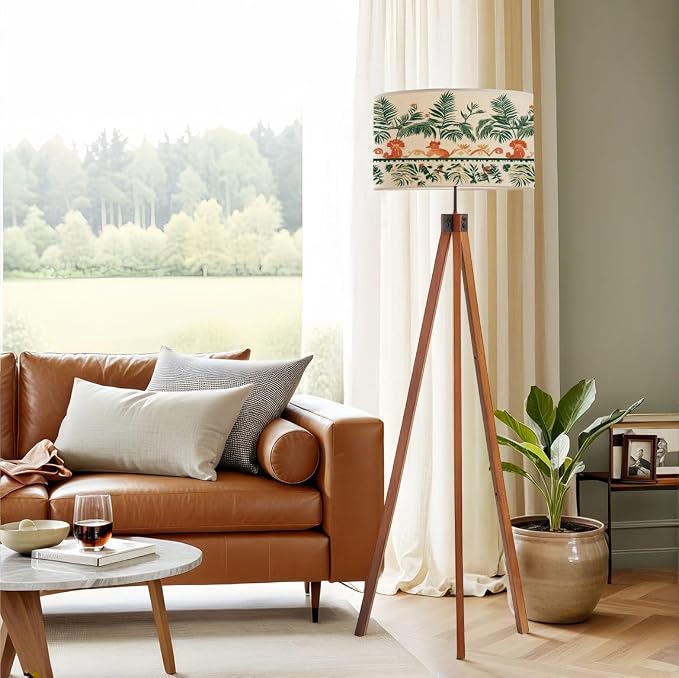 Wood Tripod Floor Lamp Tropical palm tree Asian tiger long seamless border Cute jungle repeat Mid Century Standing Lamp Linen Shade Dimmable Modern Tall lamp Home Decor for Living Room Bedroom Office