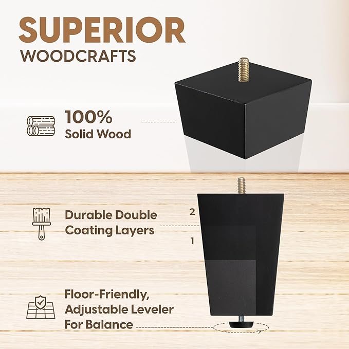 Yes4All 4 Inches Square Black Solid Wood Furniture Legs Set of 4, Heavy Duty 800 Lbs Capacity Furniture Legs with Leveler, Replacement Legs for Furniture, Couch, Sofa, Dresser, Ottoman