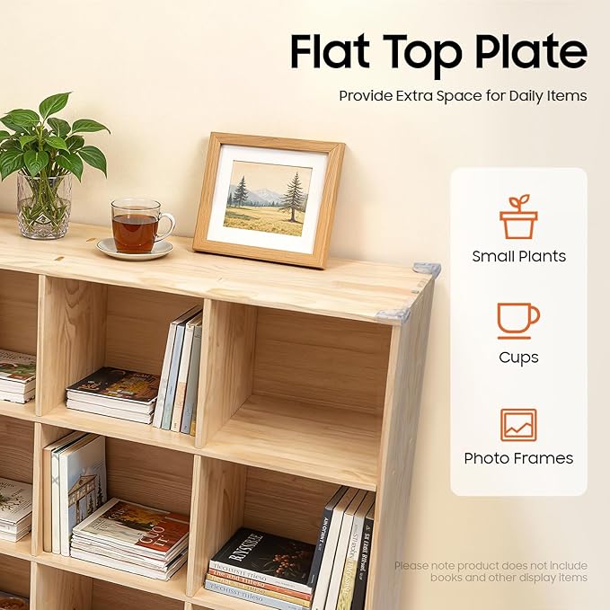 18-Cube Pine Wood Storage Organizer, Solid Wooden Bookshelf with Back Panel, 11in Shelf Opening Bookcase, Freestanding for Living Room, Bedroom, Office (70.8 x 11.8 x 35.4in)