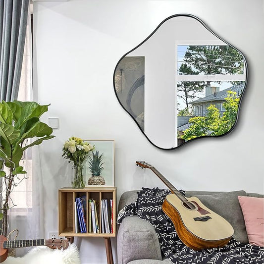 Irregular Shaped Mirror, 28" Asymmetrical Rounded Mirror Decorative, Modern Abstract Wall Mirrors with Metal Frame, Scalloped Mirrors for Living Room Bathroom Bedroom Hallway Entryway