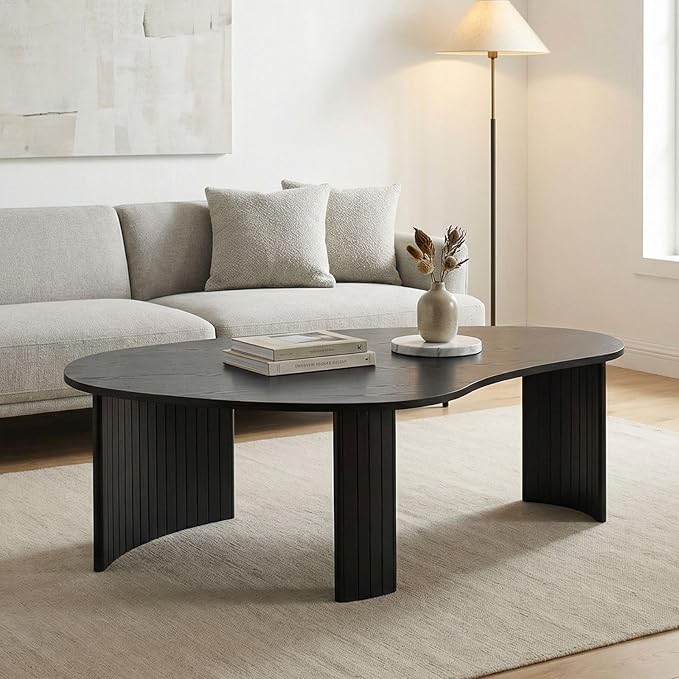 Modern Black Wood Coffee Table 47.25 Inch for Living Room, Sturdy Center Table with Irregular Mango Top and Fluted Legs for Small Apartment