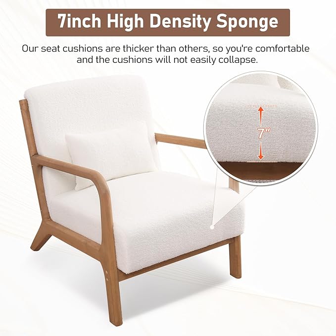 ANJ Mid Century Modern Accent Chair Set of 2, Single Fabric Lounge Reading Armchair with Solid Wood Frame, Easy Assembly Arm Chairs for Living Room, White