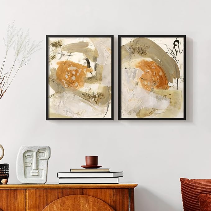 Renditions Gallery Set of 2 Peel & Stick Framed Prints, Neutral Abstract Wall Art, Earthy Tones Blended Brushstrokes Wall Decor, Re-Stickable - Ready to Hang - 16"x20" - Black Frame LT588