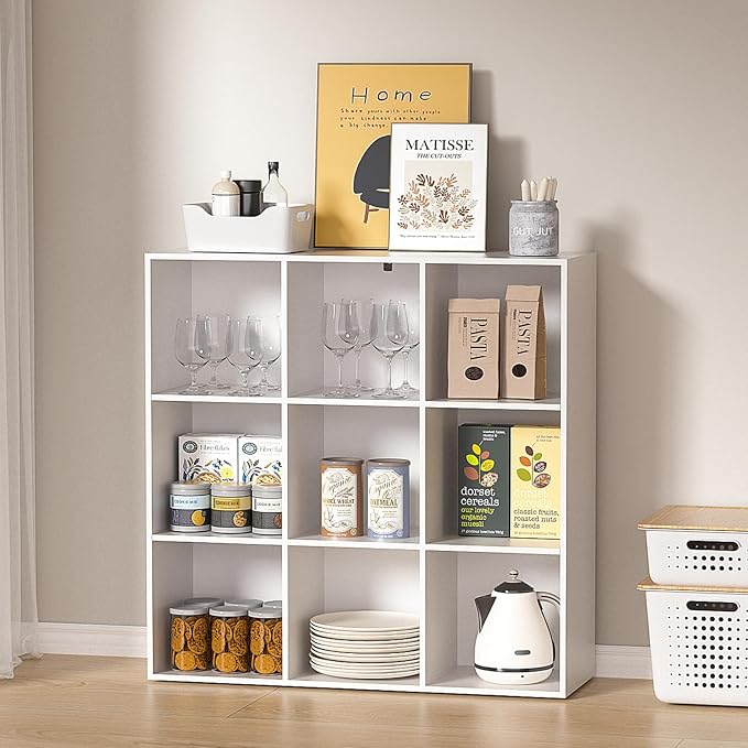 Wooden 9 Cube Storage Organizer with Closed Back Panel,White Cube Shelf Cubby Storage Organizer with Compartments for Living,Bookshelf, Easy to Install (White, 9 Cube-11in)