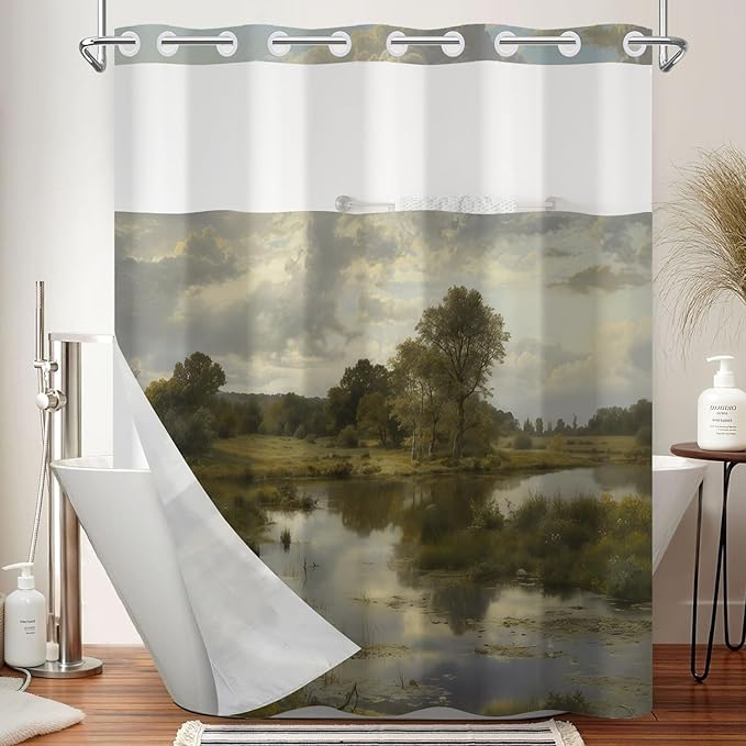 No Hook Shower Curtain with Snap in Liner, Rustic Countryside Landscape Lake Print - Mesh Top Waterproof Bath Tub Curtain Set for Farmhouse Cottage Nature Bathroom Decor, 71W x 74H