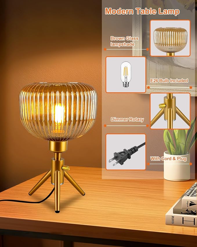 Lightdot Tripod Glass Table Lamp Gold Small Desk Lamp with Brown Striped Glass Shade, 3000K Warmwhite Dimmable Nightstand Lamp for Bedroom/Bedside/Living Room/Study Room/Home Decor