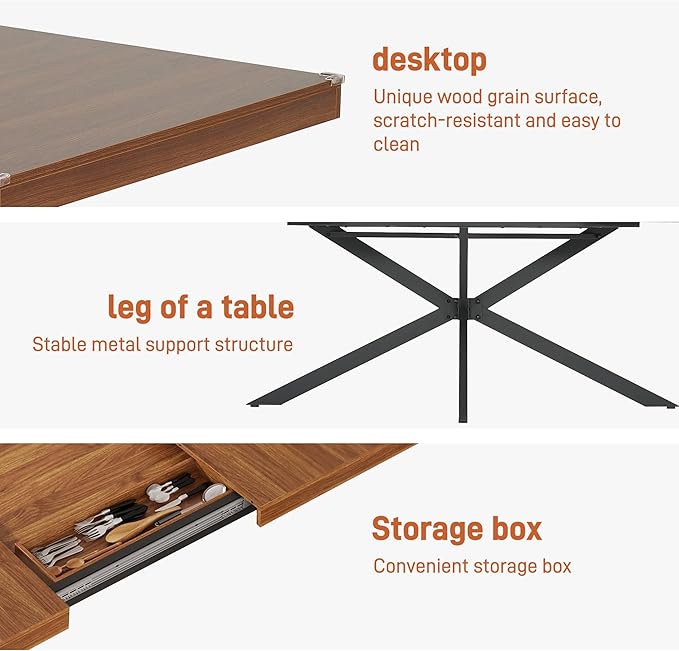 59In-78Inch Extendable Rectangular Dining Table for 6 8 People, Wood Long Dining Room Table W/Removable Leaves,Space Saving,Modern Dinner Table W/Waterproof Tabletop&Metal Legs for Kitchen Living Room