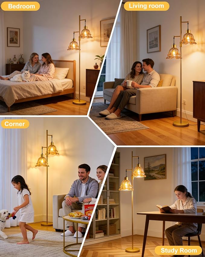 2-Light Modern Glass Floor Lamp, Gold Tall Standing Lamp with Amber Tulip Glass Shade for Reading, Dimmable LED Floor Lamp with Rotary Switch for Living Room Bedroom Home Decor, Bulb Included