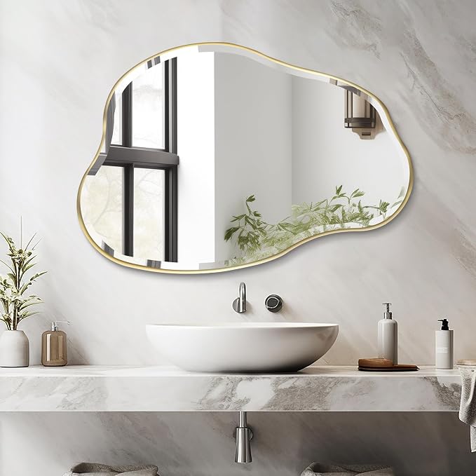 POZINO Irregular Beveled Bathroom Mirror, 36" x 24" Asymmetrical Vanity Mirror with Gold Metal Frame, Cloud Shaped Wall Mirror for Bathroom Entryway Living Room Bedroom, Horizontal/Vertical Hanging