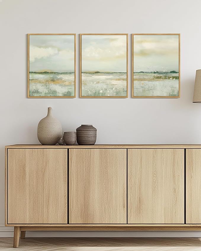 KUVIOKE Abstract Landscape Framed Canvas Wall Art Tan Green Pastel Wall Decor Modern Illustration Art Painting Nordic Calm for Livingroom Bedoom 12x16in (Natural Framed)