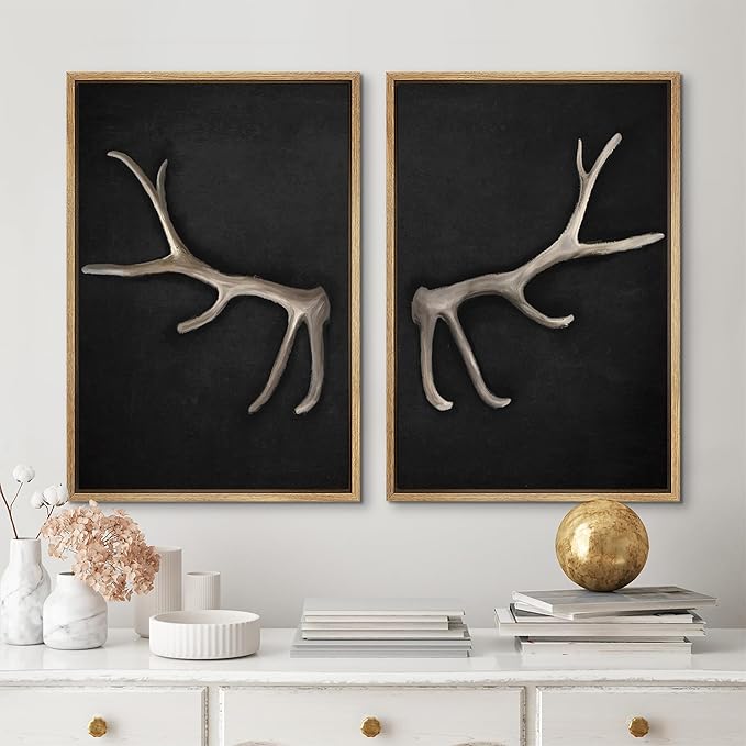 MUDECOR Framed Canvas Print Wall Art Rustic Antler Minimalist Antler Illustrations Modern Art Decorative Bohemian Colorful Chic for Living Room, Bedroom, Office - 24"x36"x2 Natural