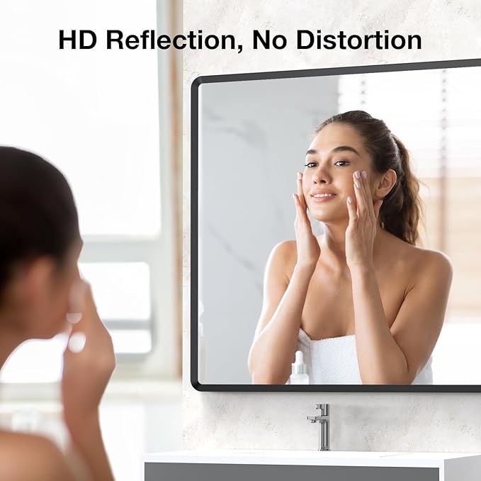 55x36 inch Large Black Bathroom Vanity Mirror, Rectangle Metal Aluminum Frame, Shatter-Proof, Horizontal or Vertical Hanging, Modern Bathroom Decor