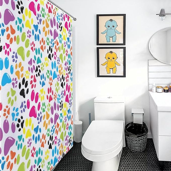 Dog Print Shower Curtain Cute Colorful Dogs Paws Duty Fabric Shower Curtains Set Bathroom Polyester Waterproof with 12 Hooks,72x72Inch（183x183cm）